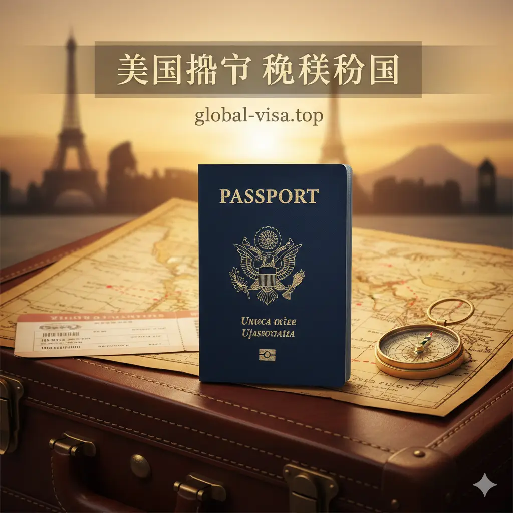 一张极具视觉冲击力的封面图。画面中心是一本深蓝色的美国护照，放置在精致的皮质旅行箱上，周围散落着复古地图、飞行机票和罗盘。背景是模糊的全球著名地标（如埃菲尔铁塔、罗马斗兽场和富士山）的剪影。整体色调偏向温暖的金色与深蓝色对比，光影柔和，构图平衡，展现出全球旅行的自由感与高端质感。