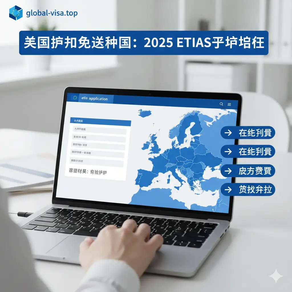 针对2025年ETIAS新规的教程指导图。画面展示一只手正在笔记本电脑上操作在线申请表，屏幕显示简洁的表单界面和欧洲申根区地图。侧边伴有清晰的步骤箭头提示：‘在线填表’、‘支付费用’、‘获取授权’。色彩以欧盟蓝和纯净白为主，构图聚焦在屏幕操作细节，具有很强的实操引导性。