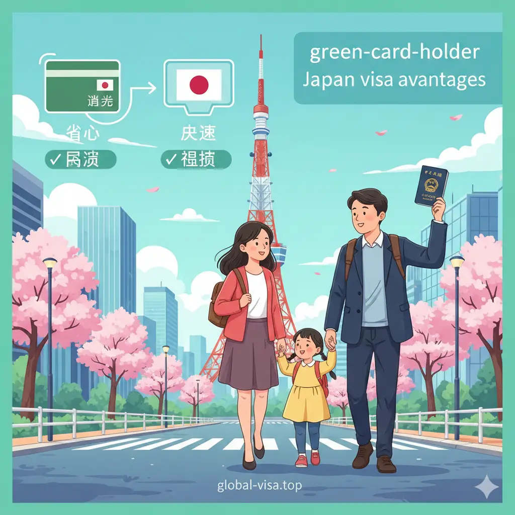 一张强调美国绿卡持有者申请优势的插画风格图。展示一个快乐的华人家庭在东京街头漫步,背景带有东京铁塔。画面的一角悬浮着绿卡和电子签证的数字化图标,象征着身份带来的申请便利(如免资产证明、快速审批)。整体色彩明快活跃,充满活力,强调‘省心、快速、稳妥’的申请优势。