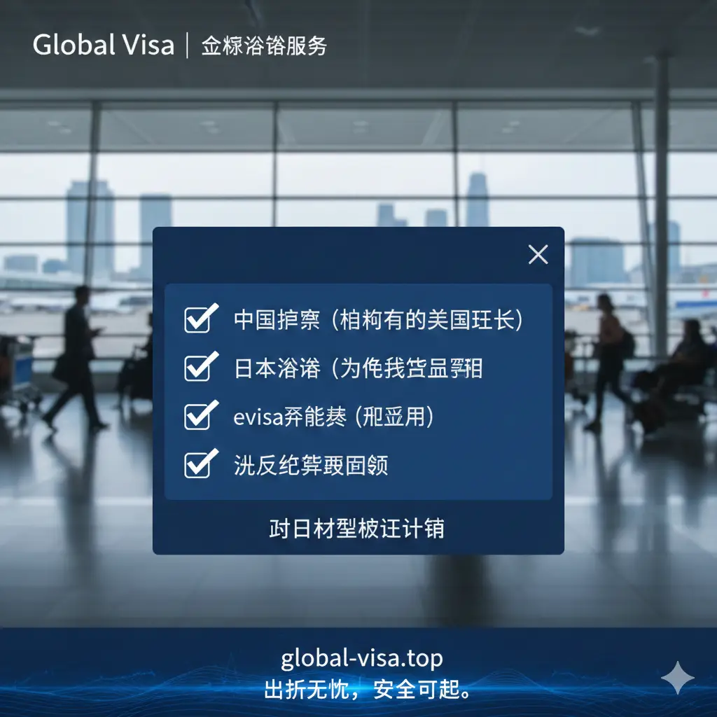 一张总结性的视觉检查清单图。背景是模糊的机场出发大厅,前景是一个带有Global Visa品牌标识的复选框清单,内容涵盖:护照、绿卡、eVisa批准信、往返机票。色彩使用沉稳的科技蓝和白色,构图简洁有力。图片底部带有global-visa.top的官方感设计元素,给用户一种安全可靠的出行保障感。