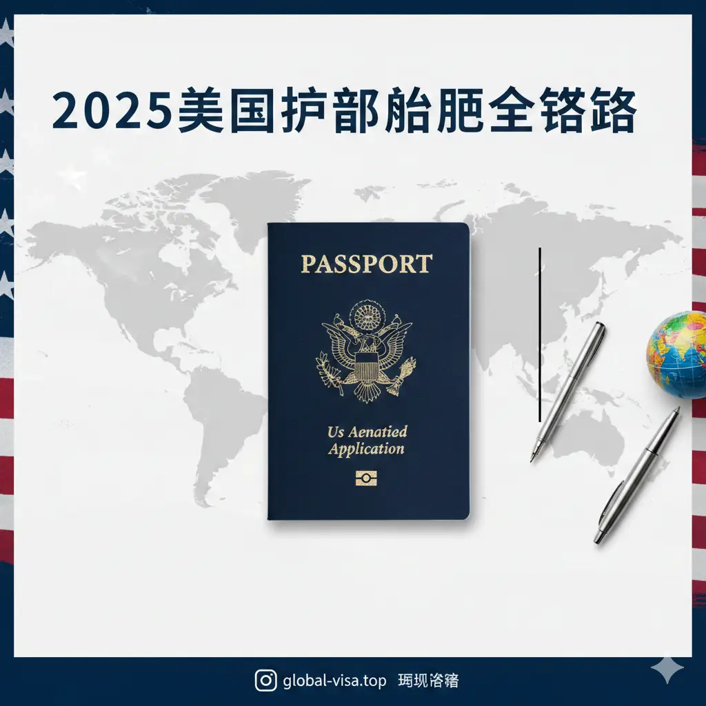 一张高质量的封面图片，中心位置放置一本深蓝色的美国护照，背景是精致的美国国旗纹理与浅色的世界地图底纹。画面采用现代商务风格，色彩深邃专业。侧边点缀有钢笔和精致的办公用品，构图采用黄金分割比例，留有足够的空白区域用于叠加‘2025美国护照办理全攻略’的标题文字，整体视觉传达出权威感和国际化视野。