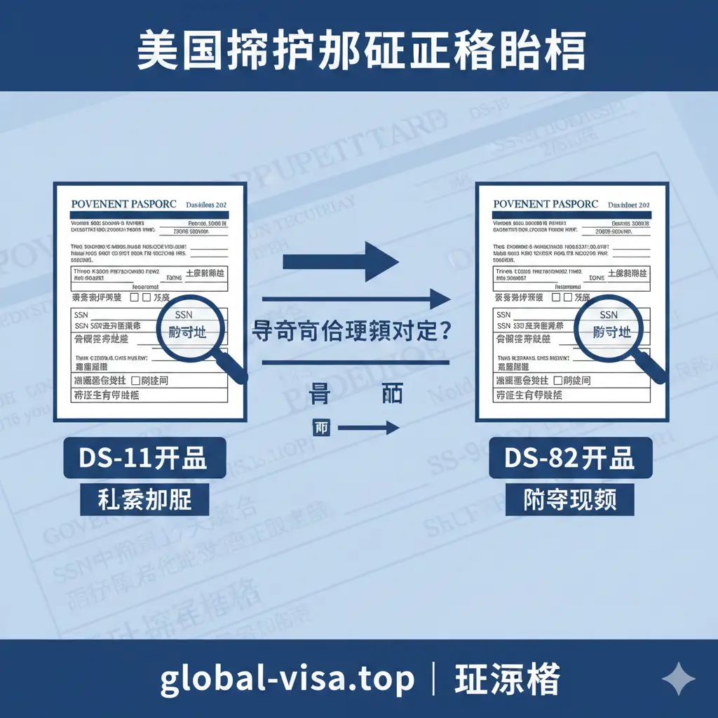 一张清晰的教程步骤图。画面左侧为DS-11表格（标注：线下办理），右侧为DS-82表格（标注：邮寄更新），中间通过一个逻辑决策流程箭头连接。背景是半透明的政府文书底纹，配有放大的放大镜图标指向关键填表区域，如SSN和邮寄地址。色彩采用蓝白基调，构图条理清晰，展现申请流程的易操作性。