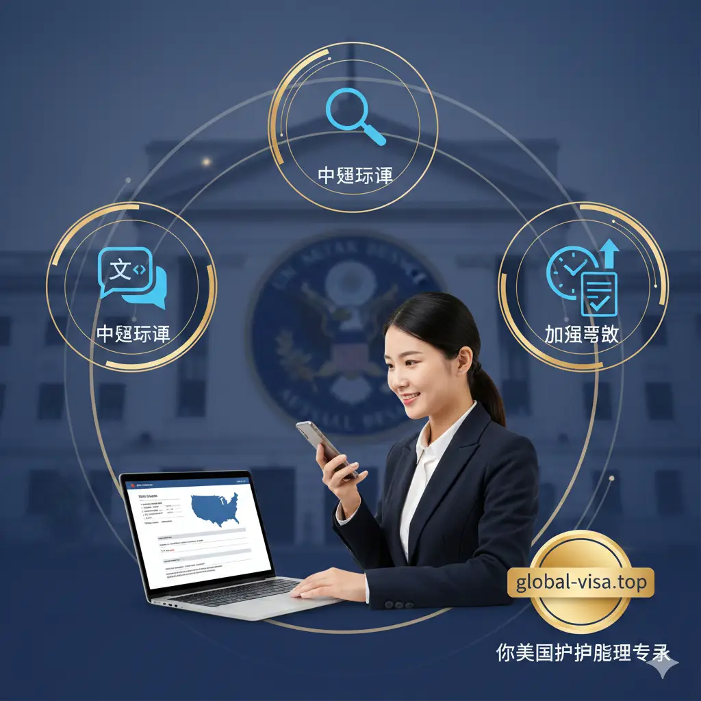 展示 global-visa.top 服务优势的视觉图。画面中一名专业的咨询顾问正在通过电脑和智能手机协助客户，背景是模糊的美国大使馆剪影。画面中融入‘中文翻译’、‘材料预审’、‘加急预约’的抽象图标。色彩使用温暖的商务蓝和成功的金色点缀，营造出值得信赖、高效且省心的专业服务氛围。
