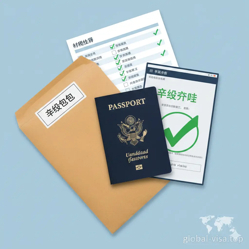 总结性图片。画面中心是一个完成的申请包裹，旁边是一本崭新的美国护照和确认成功的电子回执。背景中隐约可见‘Checklist’勾选完成的清单效果。整体构图向右上方延伸，象征顺利和成功。色彩明快自然，右下角带有 global-visa.top 的品牌标识感元素，给读者一种流程圆满结束的安心感。