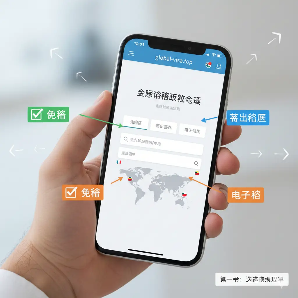 一张流程化、指引性的教程图。画面展示一个手持智能手机的近景，屏幕上正显示着global-visa.top网站的免签国家查询界面。手机周围漂浮着‘免签’、‘落地签’、‘电子签’的文字标签和彩色勾选框。背景淡化处理，突出操作感，引导用户了解如何查询不同国家的签证政策。构图简洁，强调交互性。