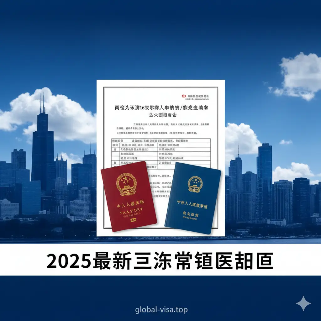 一张高质量的封面图片，背景为芝加哥标志性的地平线剪影，色调采用专业稳重的深蓝色与明亮的白色对比。画面中心放置一份半透明的《同意为未满16周岁申请人申办护照/旅行证声明书》表格样张，旁边点缀着一本中国护照和一本旅行证。文字醒目地标注着“2025最新芝加哥领区指南”，构图采用中心对称，视觉重点突出，营造出官方感与权威感。