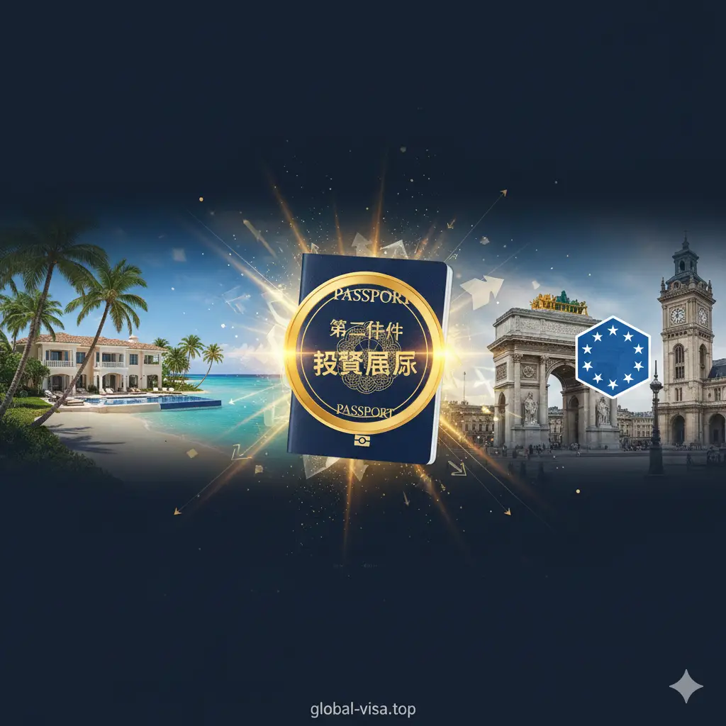 一张体现投资入籍与全球配置优势的视觉图。画面左侧展示加勒比海地区的椰林树影与高端房产意象，右侧展示欧洲古典建筑与申根区标志。画面中心是一枚代表ROI（投资回报率）的金色钱币符号与护照的结合体。色彩丰富且饱和度高，展示出‘第二身份’带来的财富增值与通行自由的双重优势，风格具有诱惑力和高级感。