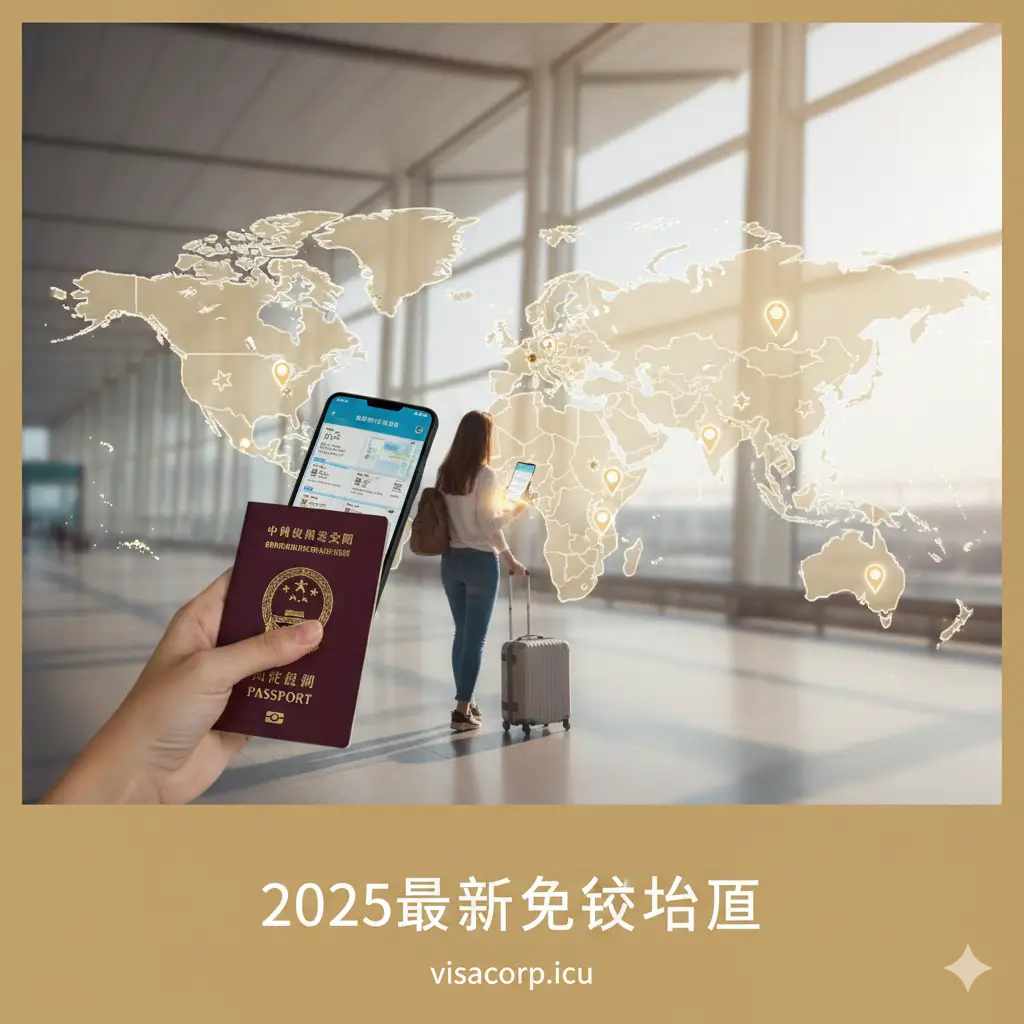 一张极具视觉冲击力的封面图。画面中心是一本深绿色的台湾护照，背景是模糊的全球地图与著名的世界地标，如巴黎铁塔、台北101和美国自由女神像。光影温暖，采用微距摄影风格，焦点落在护照金色的烫金字体上。整体色调呈现商务蓝与活力的橙色对比，并在角落处加入醒目的‘2025最新版’艺术字标签，营造出权威、专业的旅行指南氛围。