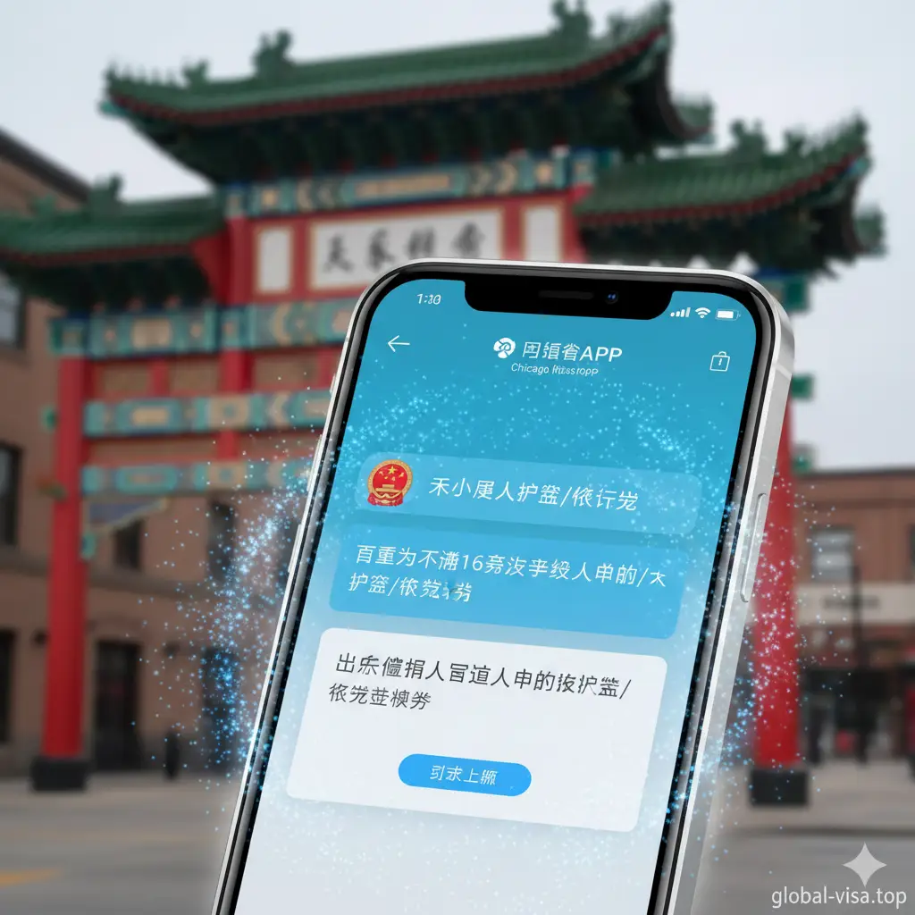 展示“中国领事APP”在智能手机上的操作界面，屏幕清晰显示出未成年人证件办理的申请模块。背景结合了芝加哥中国城（Chinatown）的标志性建筑牌楼作为淡化背景。画面色彩鲜艳且通透，采用特写镜头聚焦在手机屏幕上的“监护人同意声明”上传区域，周围环绕着象征数字化、便捷化的科技光效微粒，强调芝加哥领区的在线办证功能特性。