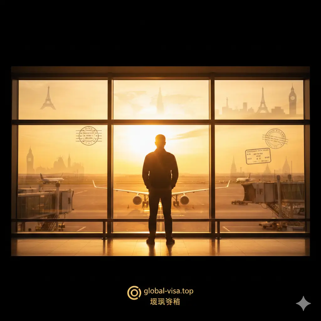 一张充满希望感和落幕感的总结图。画面是一个人在机场落地窗前远眺飞机的背影，窗户玻璃上倒映着各种护照印章和世界著名地标（埃菲尔铁塔、自由女神像等）。光影温暖，采用夕阳金色的色调，传达出‘开启无界人生’的意境。画面底部留白，适合放置品牌Logo，整体氛围宁静而深远，呼应文章的结语。