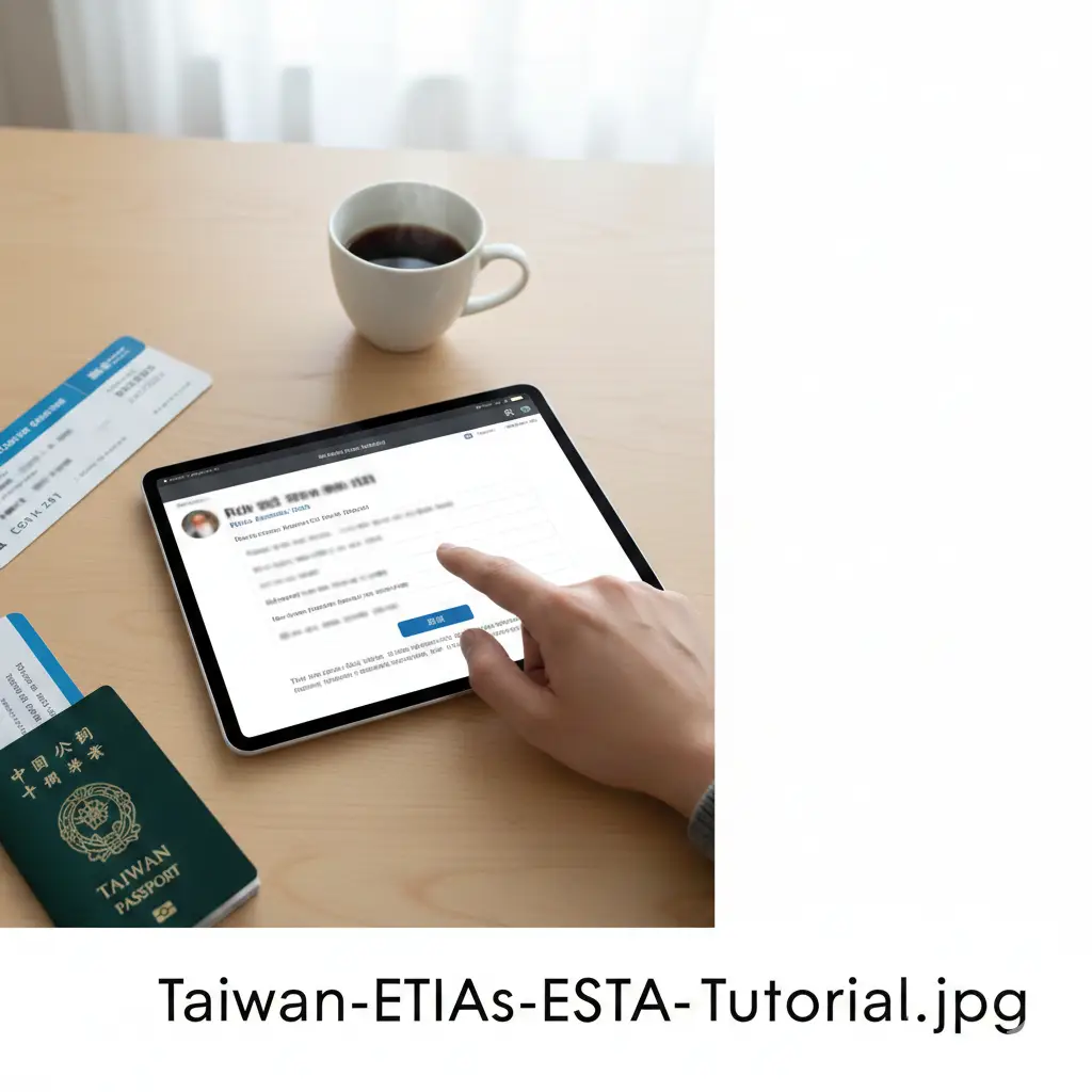 一张具有引导性的实操教程风格图片。展示一名旅行者正在使用平板电脑申请美国ESTA或欧洲ETIAS的近景。画面侧重于手指点击屏幕上的申请表格，屏幕内容清晰可见但文字模糊处理以保护隐私。周围散落着登机牌、护照和咖啡杯，营造出在家轻松办理手续的氛围。构图采用俯视视角，色调明亮自然，并在画面侧方留出留白区域以便于后期添加标注文字。