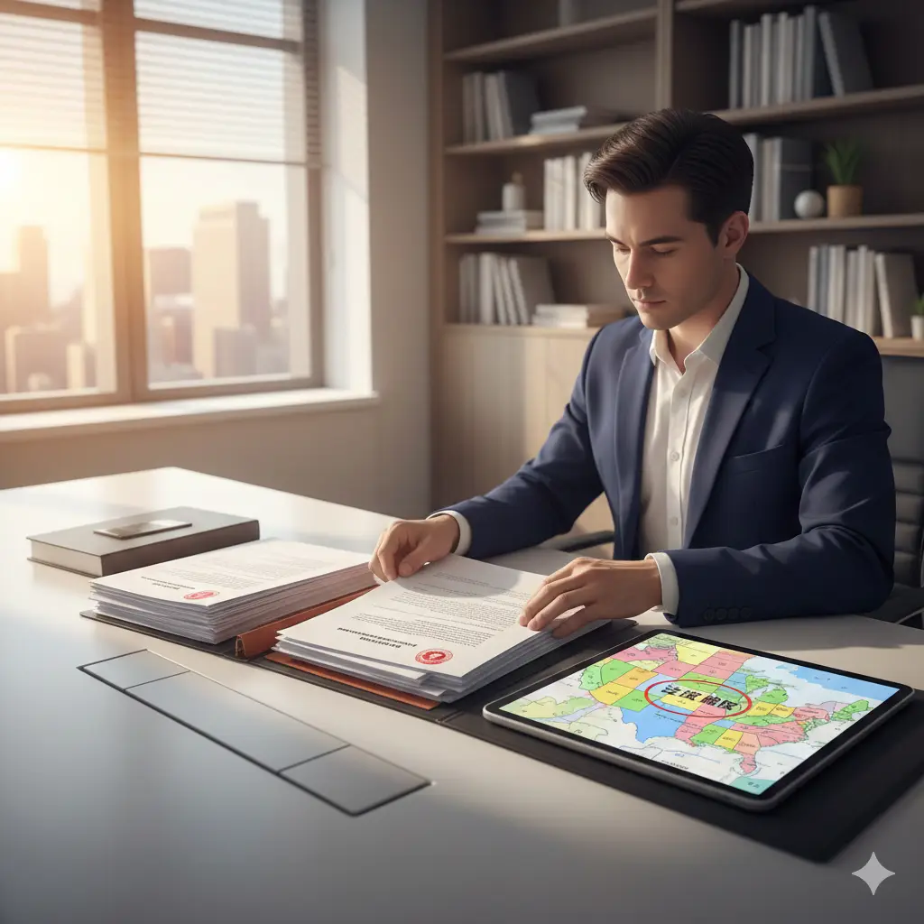 展现Global-Visa.top的专业服务优势。画面展示一位身着职场装束的人士正在整理成叠的公证材料与声明书文件，背景是一张显示着芝加哥领区地图（IL, IN, MI等州）的平板电脑。构图采用三分法，光影温暖且富有层次感，体现出“专业整理、覆盖全面、特殊情况应对方案”等核心优势，给人以专业可靠、严谨细致的视觉印象。