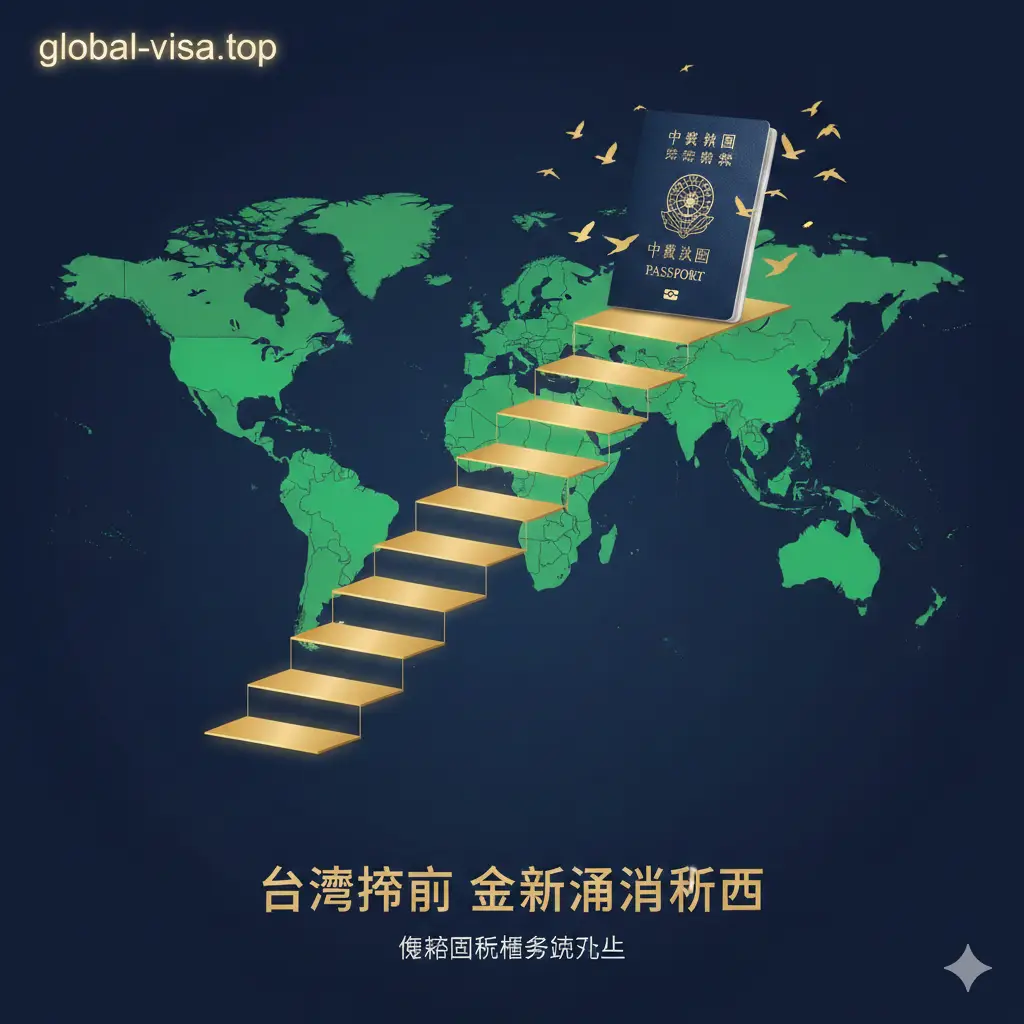 一张展示台湾护照排名优势的数据可视化概念图。背景是充满科技感的蓝色世界版图，许多国家被高亮绿色覆盖，表示免签区域广泛。画面中心是一组上升的金色阶梯，台湾护照放置在阶梯的高处，周围环绕着象征自由的飞鸟。色彩方案以深邃的海军蓝为主，点缀着代表成功的金色和代表便利的翠绿色，传达出持此护照通行全球的优越感与极高的含金量。