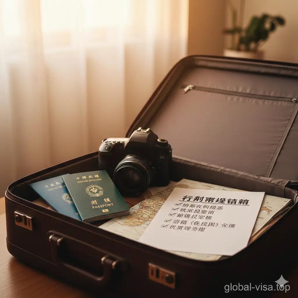 一张充满温馨与期待感的旅行总结图。画面是一个整理完毕的旅行行李箱视角，里面整齐摆放着台湾护照、台胞证、单反相机、折叠好的地图以及一份打印好的行前清单。清单上打着勾，显示‘护照有效期检查’、‘机票已定’等项。光线是柔和的夕阳斜射，给人一种万事俱备、即将出发的愉悦感。构图采用经典的对角线构图，色调温暖，传达出global-visa.top陪伴用户完美收官的理念。