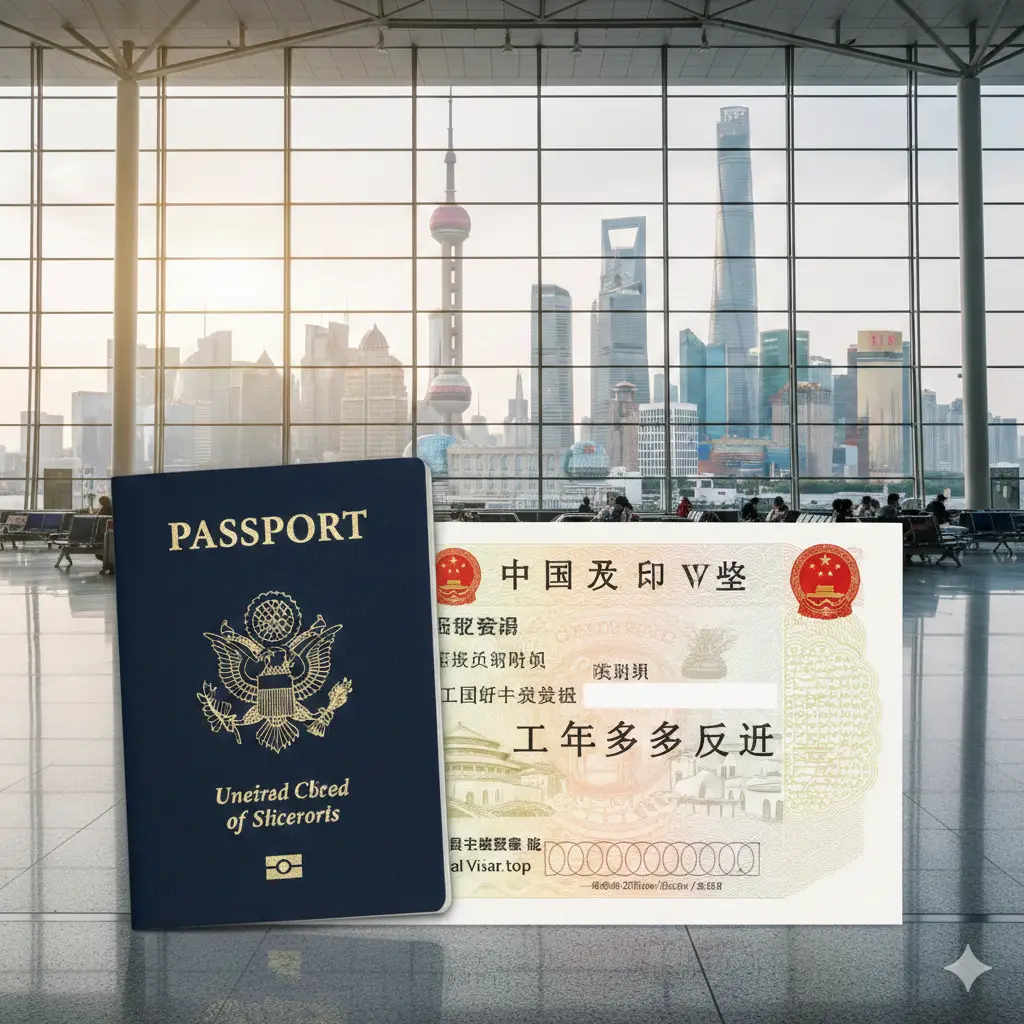 一张高质量且具有商务旅行质感的封面图。画面左侧是一本深蓝色的美国护照，右侧是带有长城或天坛水印的中国签证页，签证页上清晰显示出‘10 YEARS MULTIPLE’字样。背景结合了现代化的机场候机楼与远处的上海陆家嘴天际线，色调以专业且信任感强的深蓝、金色为主，构图大气，光线明亮，展现出跨国旅行的便捷感。