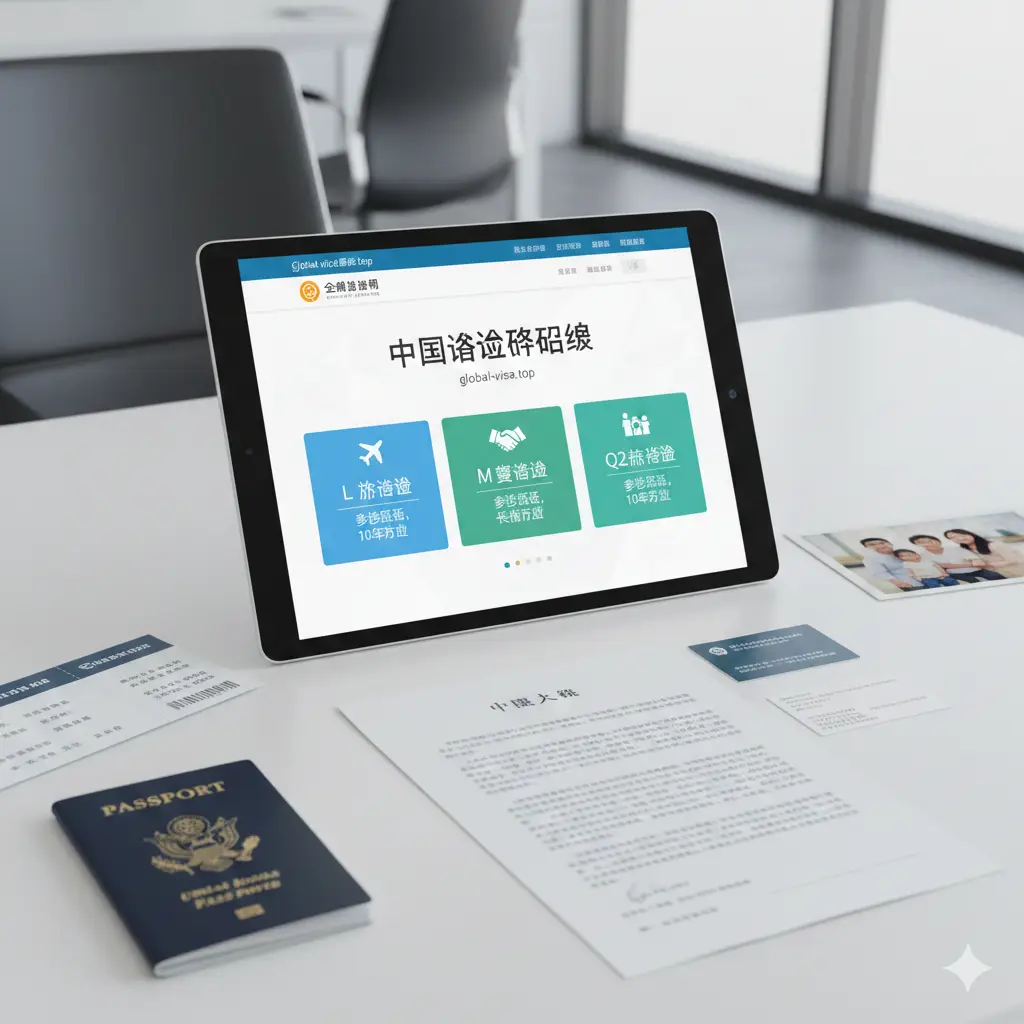 一张清晰直观的视觉功能图，展示L（旅游）、M（商务）、Q2（探亲）三种签证类型的特征。背景是干净的办公室桌面，上面摆放着平板电脑显示着全球签证服务网（global-visa.top）的官网页面。画面中点缀着机票、商务合同和家庭合影照片，寓意不同场景的签证需求。色彩明快，采用扁平化高端摄影风格，突出‘多次往返’和‘长期有效’的核心功能点。