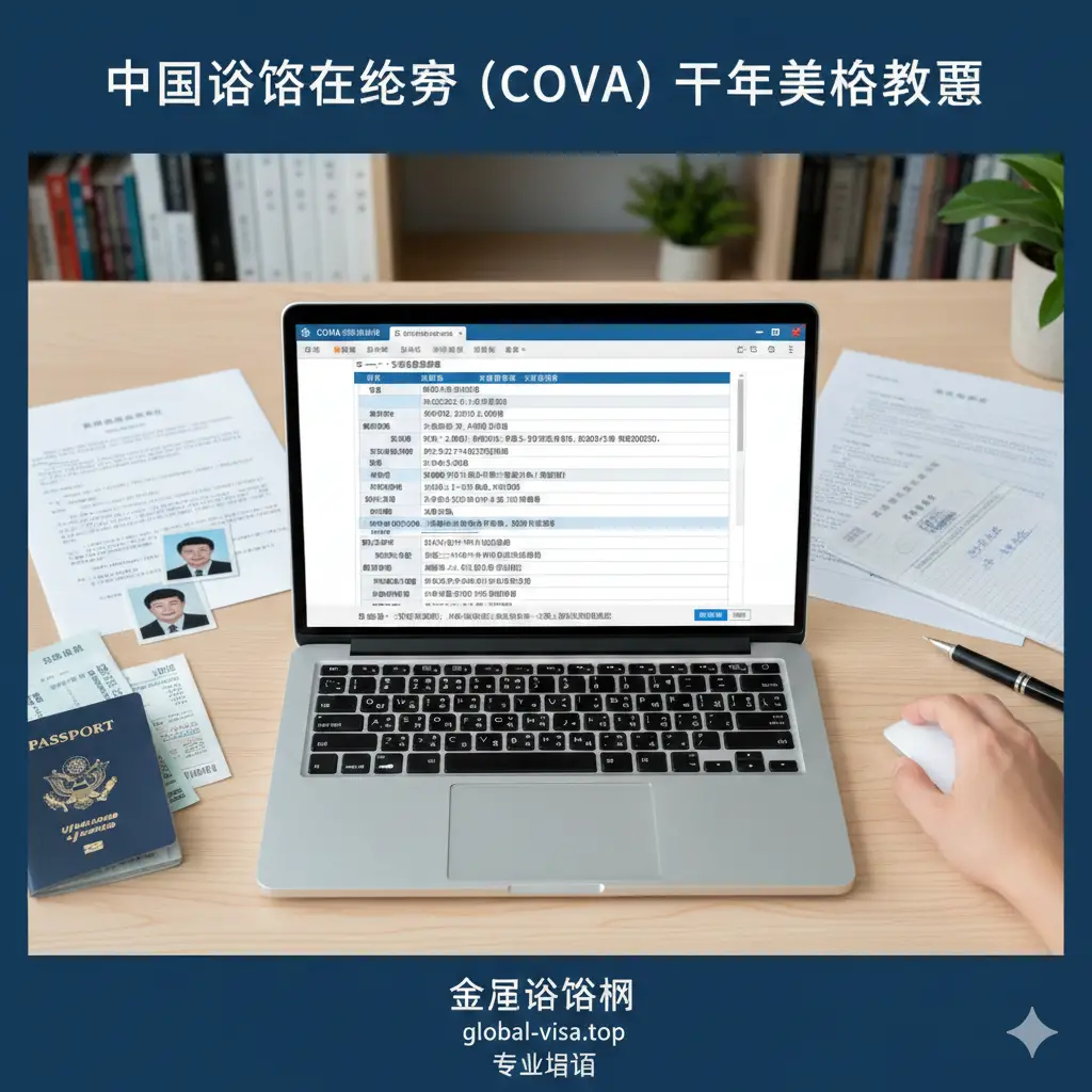 一张表现中国签证COVA在线申请流程的教程示意图。画面近景是一只手正在笔记本电脑上点击申请表，屏幕模拟显示复杂的填表界面。周围散落着护照照片、证明材料和一支钢笔，背景略微模糊处理以聚焦操作过程。构图采用俯视视角，画面干净整洁，体现出申请过程的条理性和专业指导，符合2025年最新的官方填表规范氛围。