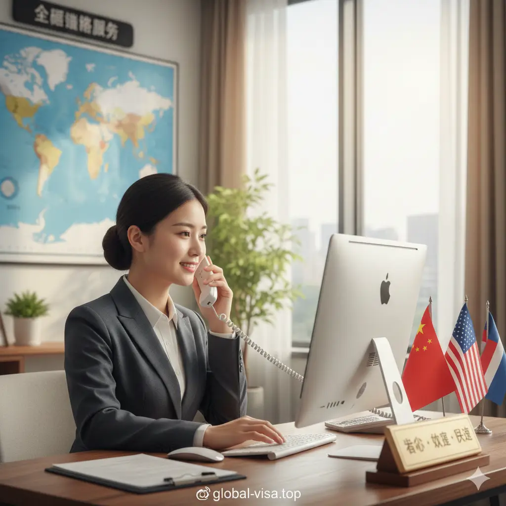 展示global-visa.top代办服务优势的图片。画面中心是一位着装专业的亚裔客服人员正在亲切地接听电话并操作电脑，展现出专业预审和一对一服务的形象。背景是现代化的办公空间，侧面墙上挂着世界地图，体现全球化视野。色彩温暖祥和，强调‘省心、准确、快速’的代办优势，给申请人带来安全感和信任感。