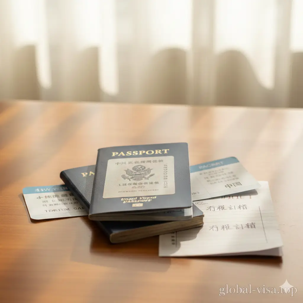一张总结性的图片，展示成功获得签证后的喜悦。画面是一本新护照与旧护照整齐叠放，旁边是一张通往中国的机票和一份完整的行程清单。背景是柔和的自然光透过窗帘，营造出旅行即将开启的轻松氛围。图片下方或角落隐约带有global-visa.top的品牌元素。