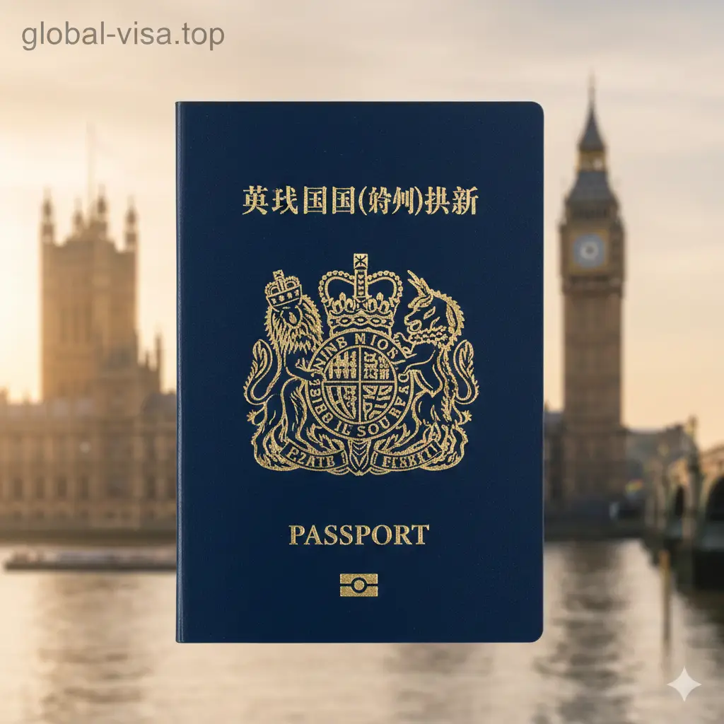 一张极具质感的封面图。中心位置放置一本深蓝色的英国国民（海外）BNO护照实体，护照封面上金色烫印的英国国徽清晰可见。背景是模糊的伦敦大本钟和泰晤士河晨曦景色，色调采用沉稳的深蓝色与温暖的金黄色对比。构图采用中心对称，光线柔和地打在护照边缘，展现出高端、权威且充满希望的视觉氛围，左上角隐约可见 global-visa.top 的标志水印。