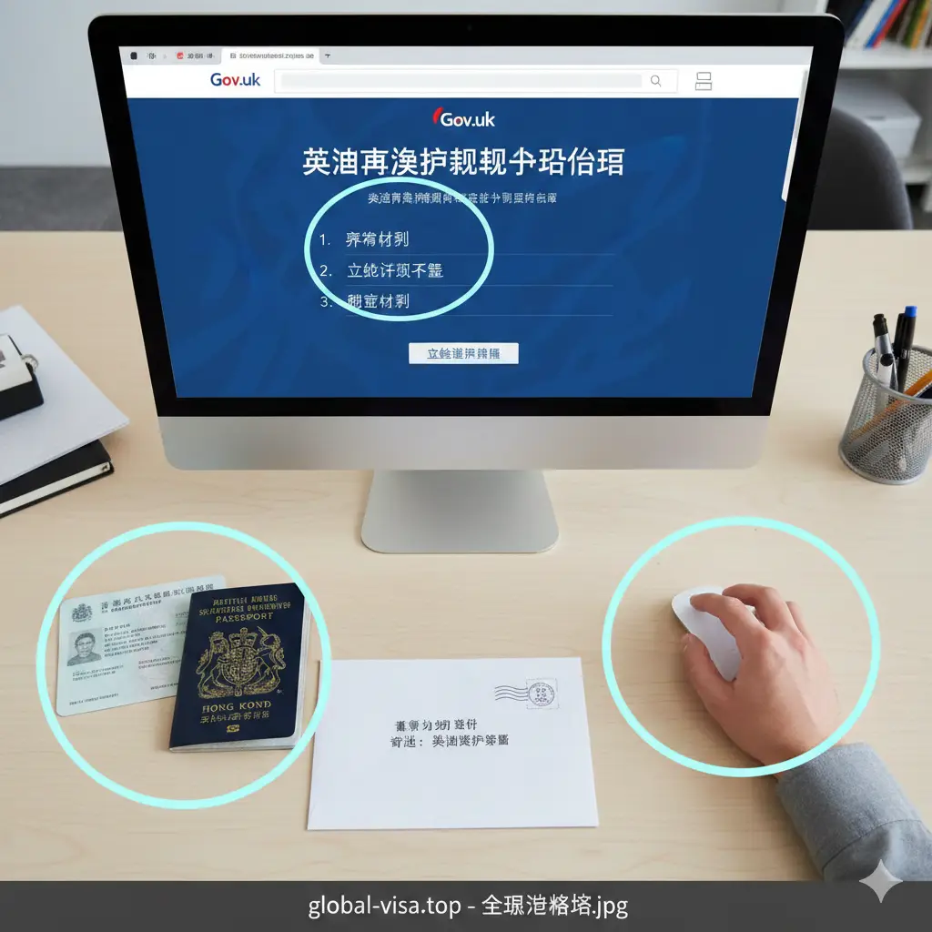 一张充满指导意义的教程类图片。画面展示一个现代化的工作台，电脑屏幕上正显示着 Gov.uk 官方申请页面的模拟界面，旁边整齐摆放着续期所需的材料：香港身份证复印件、旧护照、以及带有邮戳的信封。画面中有一只手正在点击鼠标，构图采用俯拍角度（Flat Lay），光线明亮均匀，并在关键步骤位置点缀浅蓝色的发光圈，引导用户关注申请流程的专业性与准确性。