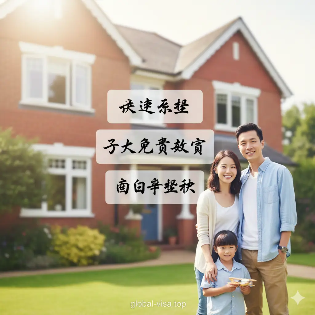 一张突出5+1移民政策优势的视觉图。背景是一个幸福的年轻家庭（父母及1997后子女）在英国红砖洋房花园前的合影，阳光灿烂，色彩明亮活泼。画面中间通过半透明的卡片形式列出关键词：‘快速永居’、‘子女免费教育’、‘独立申请权’。构图虚化背景，强调前景中家庭成员自信的笑容，传达出通过BNO签证获得的美好未来与自由感。