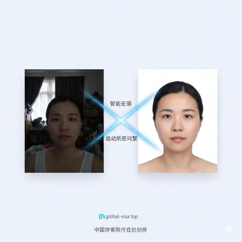 功能展示图，采用分屏对比视觉效果。左侧展示一张背景杂乱、光线昏暗的原始自拍照，右侧展示经过global-visa.top AI处理后，背景变为纯白色且面部光线被优化的合规护照照片。中间带有‘智能去背’和‘自动比例调整’的交互式光束，展现AI算法的精准度和高效处理过程，整体色调清爽整洁。