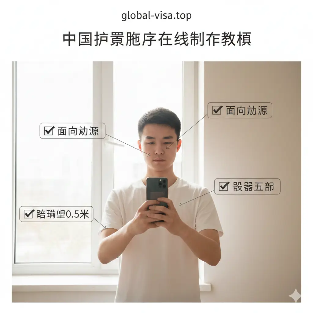 教程图示，展示一名年轻男子正对着明亮的窗户使用手机自拍。画面通过半透明覆盖层标注出‘面向光源’、‘距离墙壁0.5米’、‘露出五官’的动作要点。图中包含简单的对勾图标表示正确做法。整体风格采用温馨的居家自然采光，色彩明亮饱满，构图侧重于教学引导，让用户一目了然如何拍摄原图。