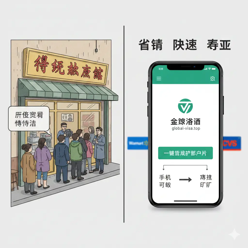 优势对比图，左侧是传统的照相馆场景，标注着昂贵的价格和排队等待；右侧是global-visa.top的界面，展示手机端一键下载和便捷打印的流程。背景包含沃尔玛和CVS的打印服务Logo缩影。画面色彩鲜艳，对比强烈，强调‘省钱、快速、专业’的品牌优势，构图采用左右分割式设计。