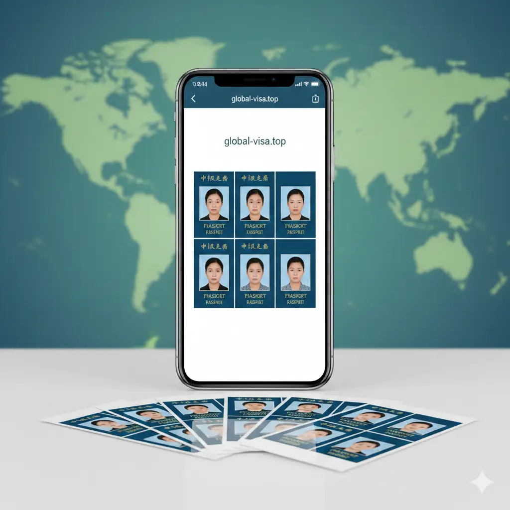 总结展示图，画面中心是一个智能手机，屏幕上显示global-visa.top生成的4x6英寸照片排版预览，包含多张护照照。手机下方散落着几张已经打印出来的精美证件照实物。背景是模糊的全球地图，寓意服务全球华人。色调以成功的绿色和稳重的蓝色为主，给人以任务圆满完成、审核顺利通过的心理暗示。
