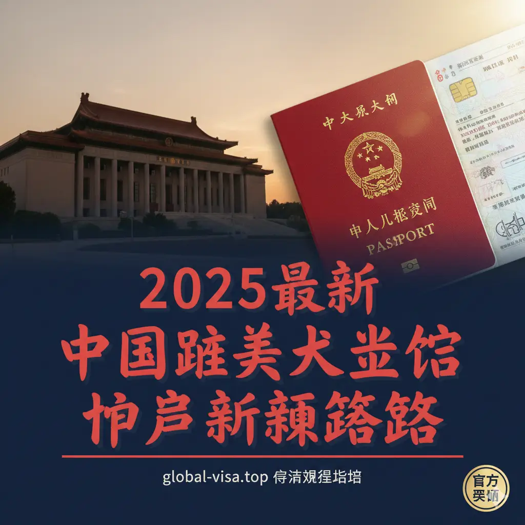 一张大气且具有专业感的封面图。背景左侧是庄严的中国驻美国大使馆建筑剪影，右侧是一本清晰的中国护照封面。画面中央使用醒目的中文字体书写‘2025最新中国驻美大使馆护照更新攻略’。色彩采用代表官方与信任的中国红与海军蓝交织，构图均衡，光影温暖，给人以权威、可靠的视觉感受。