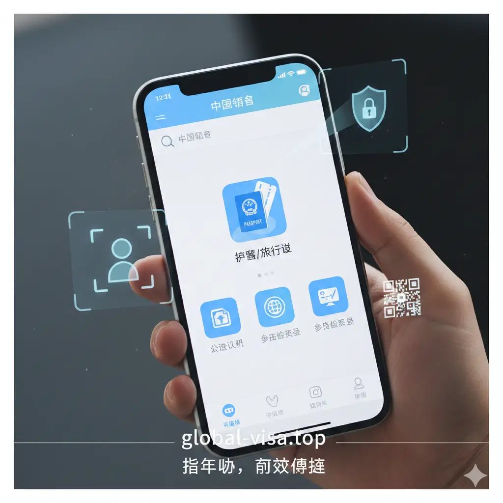 展示‘中国领事’APP的核心功能界面。画面中一只手握着智能手机，屏幕上显示出APP的UI界面，包括‘护照/旅行证’业务图标。周围环绕着象征数字化办公的矢量元素，如人脸识别框、扫描光束和安全锁扣。色彩清新，以白色和浅蓝色为主，突出‘指尖办’的高效与便捷特性。