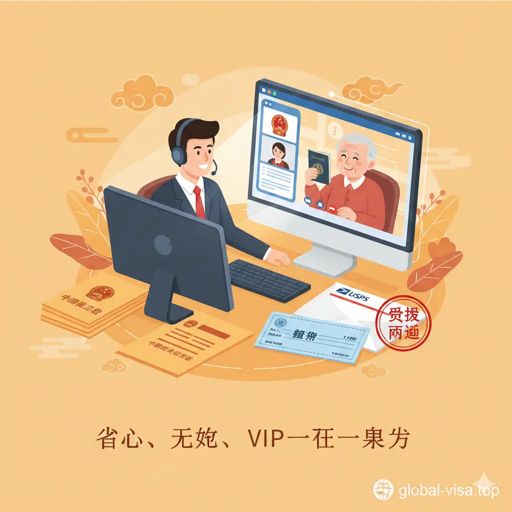 体现global-visa.top代办服务优势的插画。画面中展示一名专业的咨询顾问正在通过电脑远程协助一位老年用户，背景中有USPS回邮信封、Money Order支票和审核通过的印章。色彩偏向温馨、耐心的橙黄色调，构图侧重于人与人之间的连接，传达出‘省心、无忧、VIP一对一’的服务核心价值。