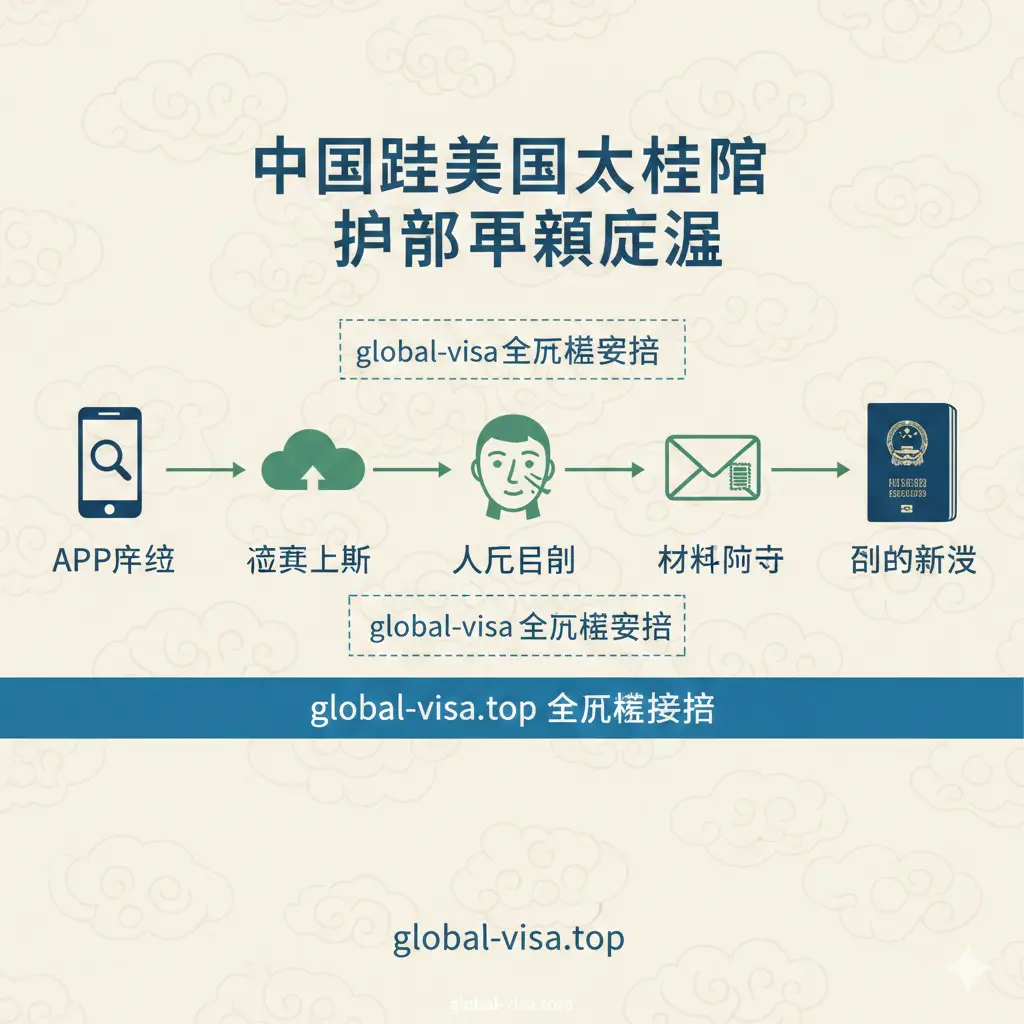 一张流程总结信息图。采用线性时间轴设计，从‘APP申请’、‘资料上传’、‘人脸识别’到‘材料邮寄’和‘收到新证’，每个节点都有简洁的图标表示。背景使用淡雅的底纹，整体排版整洁，重点标注出‘global-visa全流程协助’的介入点，色彩和谐，方便用户一目了然地掌握整个办证周期。