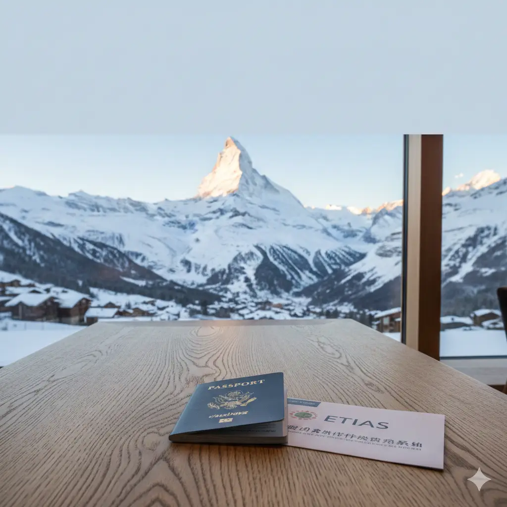 一张高质量的旅行摄影风格封面图。画面中心是一本深蓝色的美国护照放置在极具瑞士代表性的木质长桌上，背景是窗外壮丽的马特洪峰和雪山美景，阳光柔和。护照旁放着一张印有ETIAS字样的机票行程单。构图采用中景镜头，色彩明亮清新，传达出高端旅行的质感，图片上方留有空间用于后期添加标题文字。