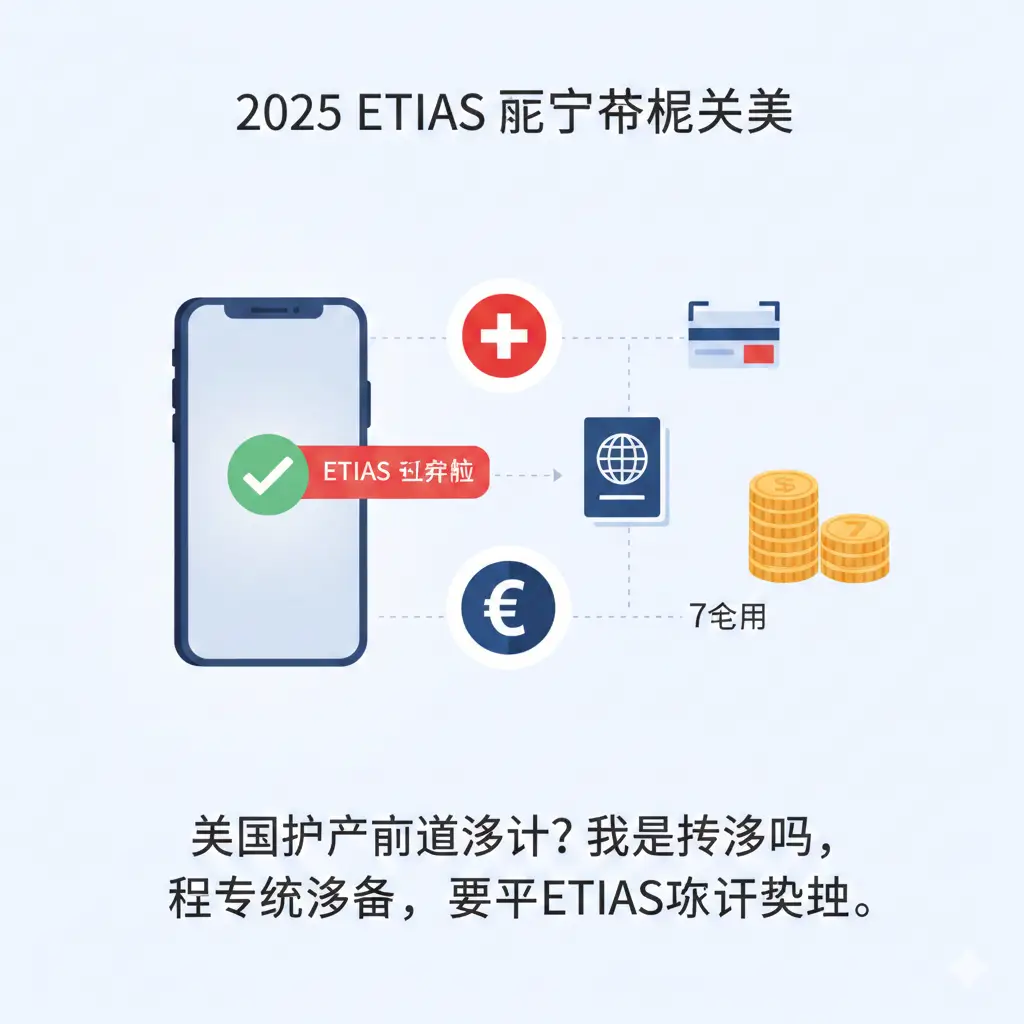 一张现代感十足的扁平化风格插图，展示2025年ETIAS政策的核心特征。画面左侧为一个发光的智能手机显示屏，屏幕上显示‘ETIAS Approved’字样及绿色勾选标志。周围环绕着瑞士国旗、欧元符号、护照扫描仪图标以及代表7欧元的硬币元素。色彩以瑞士红、科技蓝和纯净白为主，构图简洁，具有很强的商务和官方权威感。