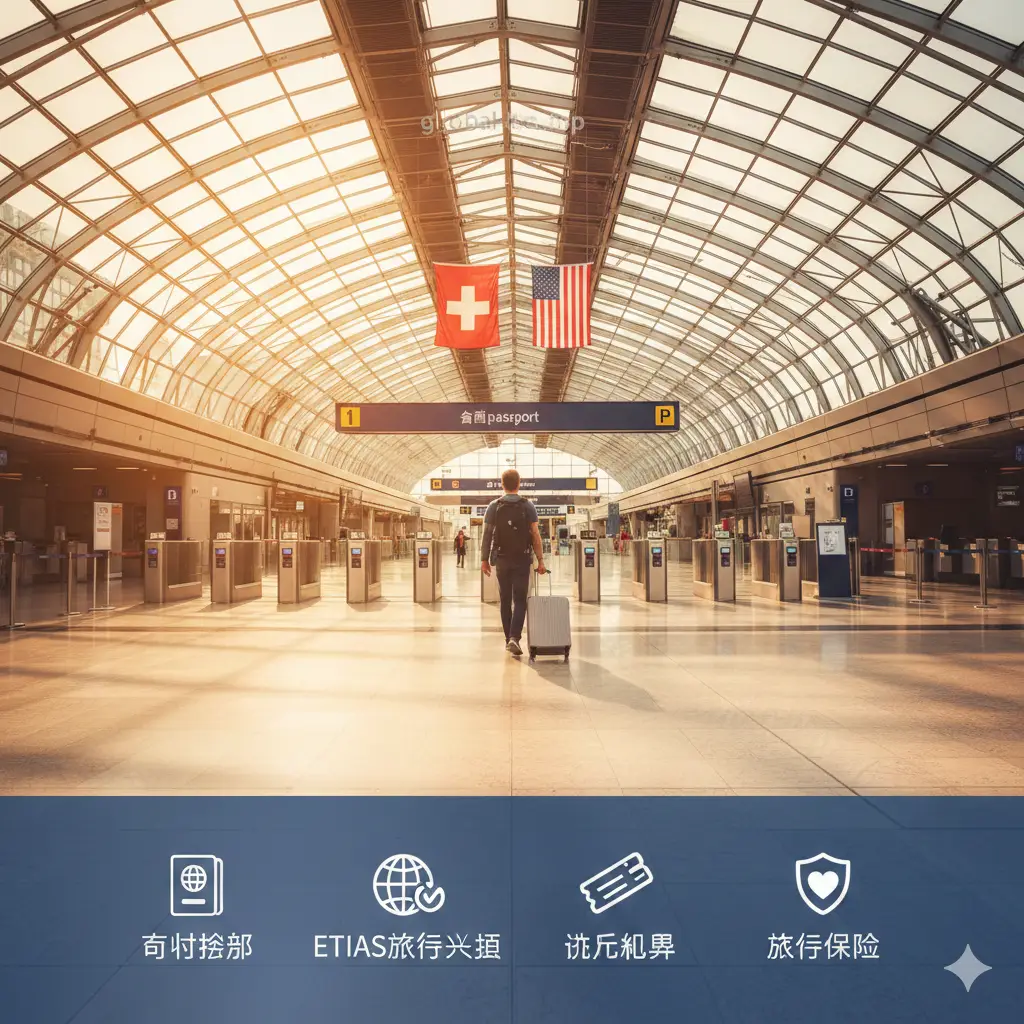 一张具有总结意义的意境图。画面展示了瑞士苏黎世机场宽敞明亮的到达大厅，一个拖着行李箱的旅客背影正走向‘All Passports’检查通道。天花板上悬挂着瑞士和美国的微型旗帜装饰。图片底部以半透明遮罩的形式列出了入境清单小图标：有效护照、ETIAS授权、回程机票、保险。色彩呈现温暖的午后调，给人以顺利通关、开始美好旅程的心理暗示。
