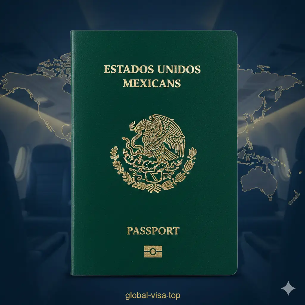 一张极具质感的封面大图，中心位置展示一本深绿色的墨西哥护照，护照封面上金色的墨西哥国徽细节清晰。背景结合了现代化的全球地图轮廓和模糊处理的商务机舱内景。整体色调采用深蓝与金色交织，营造出一种高端、专业且具有全球通行感的视觉氛围，光影聚焦在护照表面。