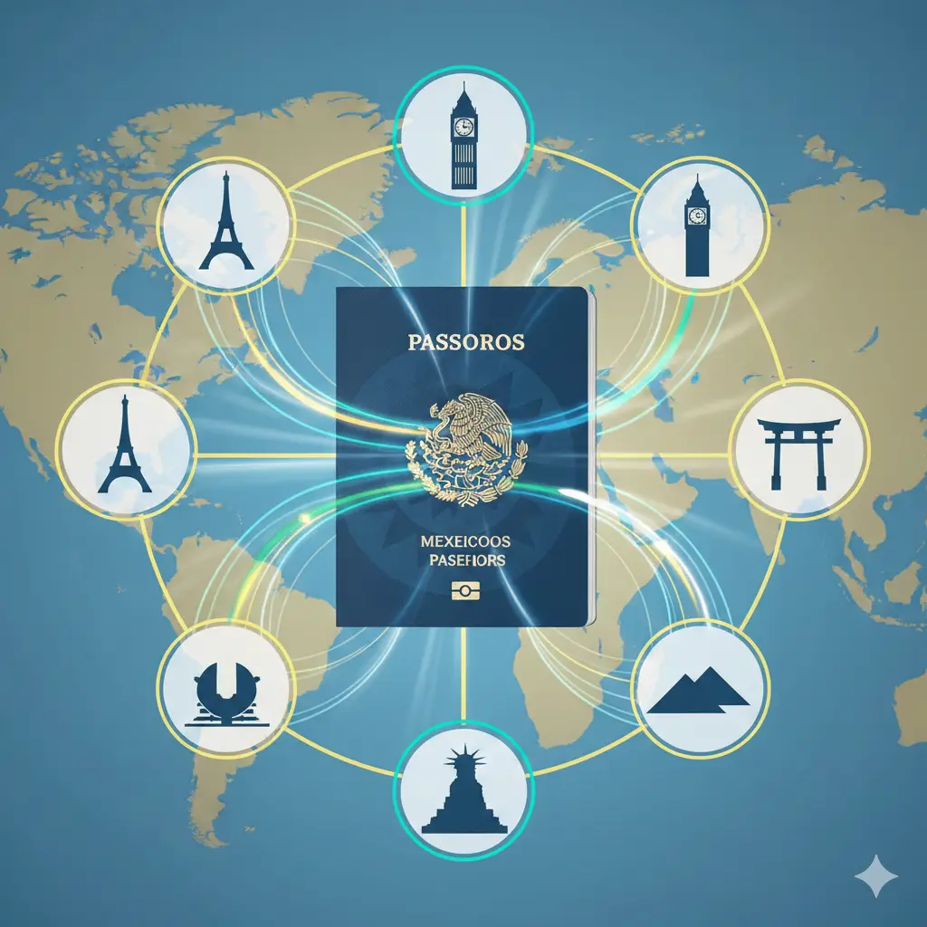 展示墨西哥护照功能性的概念图。构图中心是一本展开的护照，周围环绕着世界各地著名地标的剪影，如埃菲尔铁塔、伦敦大本钟和日本鸟居。画面利用流光线条连接护照与这些地标，象征免签通行的便利。色彩明亮且饱和度适中，突出‘全球钥匙’的功能定位，视觉焦点明确。