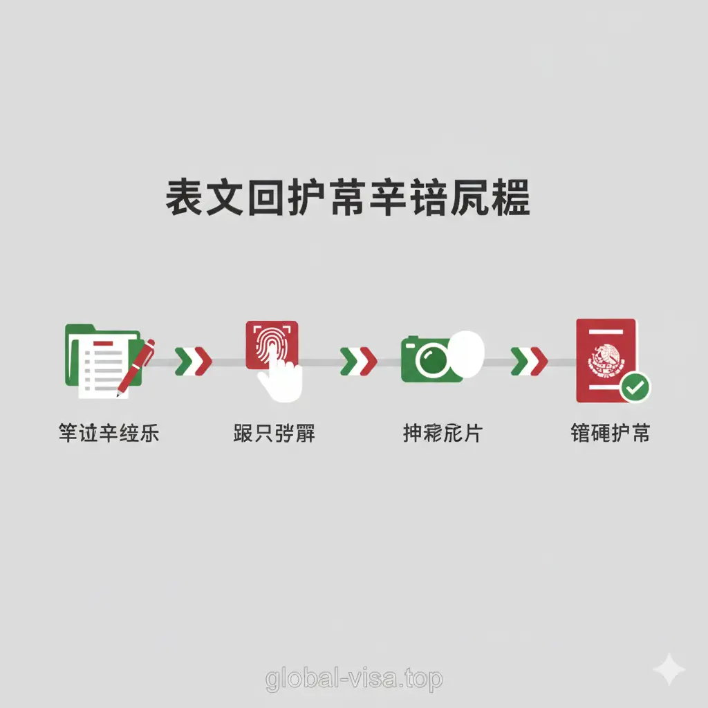 一张清晰的申请流程教程示意图。采用扁平化简约风格，背景为淡灰色的干净桌面，上面摆放着护照申请表、签字笔、指纹采集器的微缩图标。画面采用时间轴或步骤指引的逻辑布局，色调以墨西哥国旗的绿、白、红作为点缀色。构图平衡，让读者能通过视觉直观感受到办理流程的标准化和合规性。
