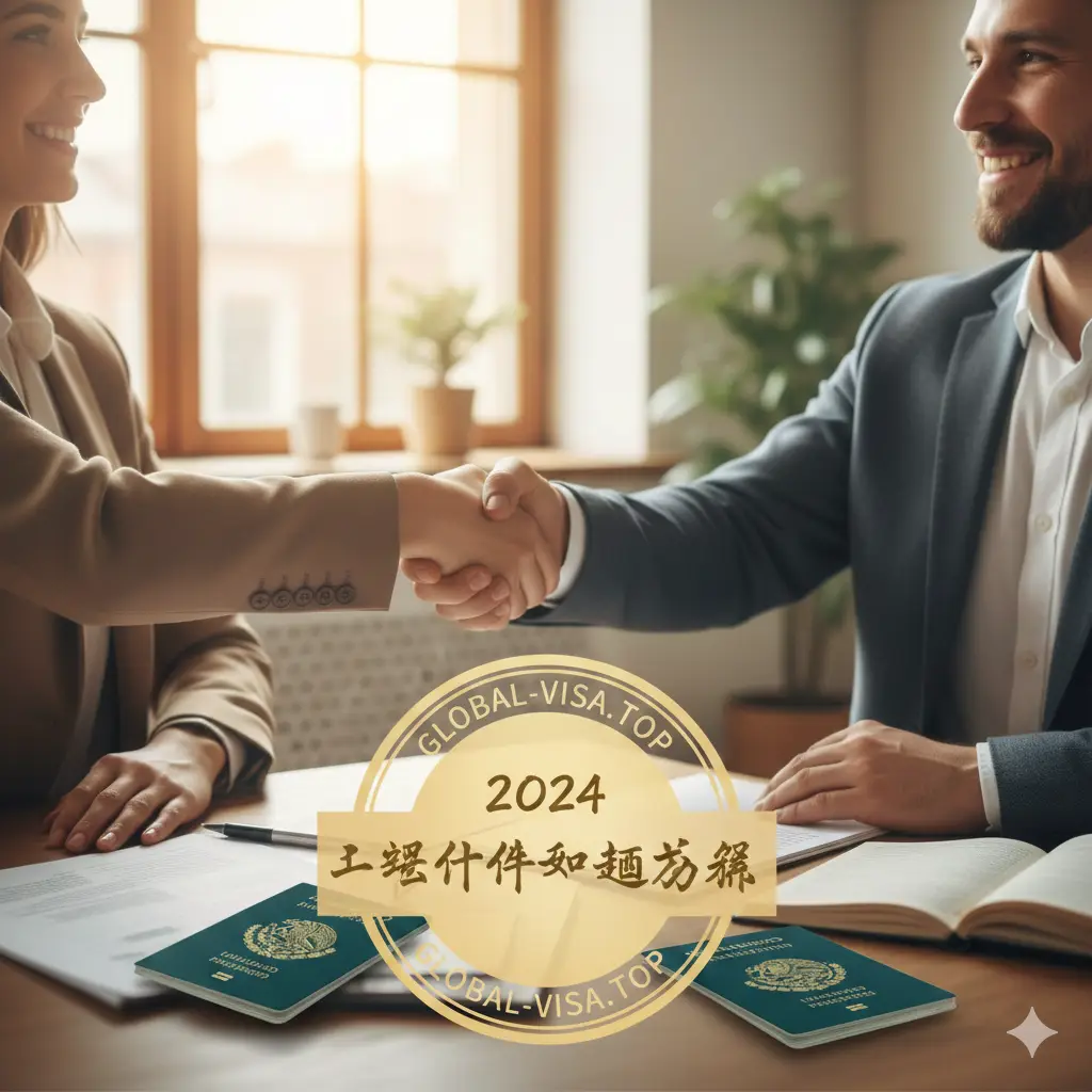 总结性视觉图片，画面呈现 global-visa.top 资深顾问与客户握手的特写，背景是温暖的办公室环境和柔和的阳光。图片中心叠加一枚精致的金色印章，写有‘2024身份规划方案’字样。色彩偏向暖色调，营造出信任、成功和未来保障的氛围，完美呼应文章末尾开启全球公民之路的愿景。