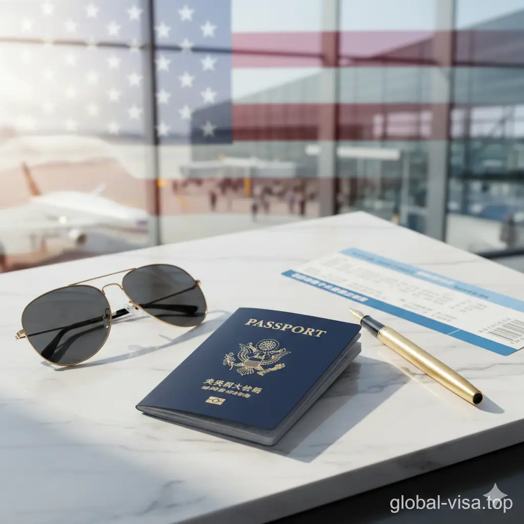 一张高质量的商务旅行风格封面图。画面中央是一本深蓝色的美国护照，放置在干净的白色大理石桌面或高端木质办公桌上。旁边配有一支精致的钢笔、一副太阳镜和一张模糊的国际机票，背景带有隐约的美国国旗元素和现代航站楼的虚化感。光影柔和且自然，整体色调以海军蓝、白色和金色为主，展现出高端、正式且充满期待的旅行氛围。