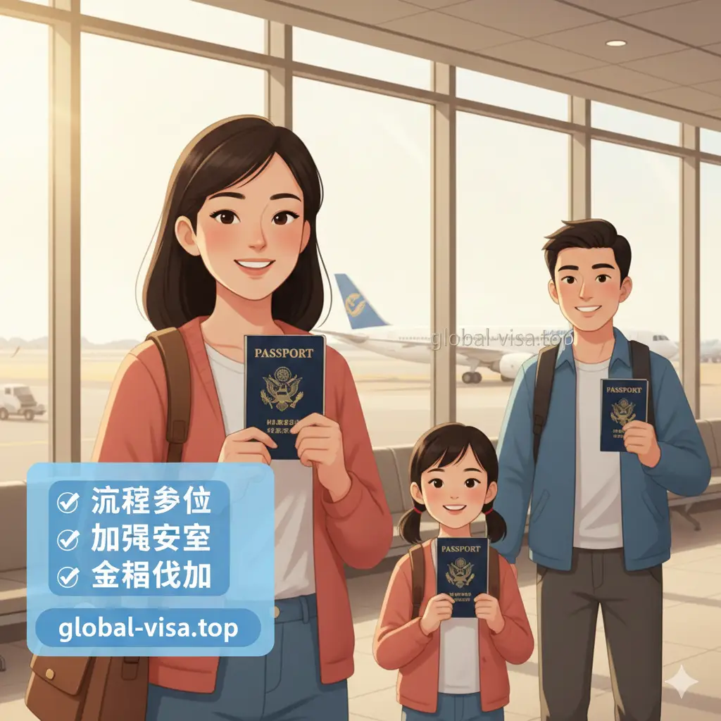 一张温馨且具总结意义的插图。画面展示一位满脸笑容的旅行者或一家三口在机场候机厅手握美国护照，背景是巨大的落地窗和停机坪上的飞机。画面上方或侧边留有UI设计感强的半透明浮窗，列出关键词：流程简化、加急成功、全球代办。整体色彩温暖、阳光明亮，旨在给用户信心，暗示选择该服务后即可顺利开启环球旅程。