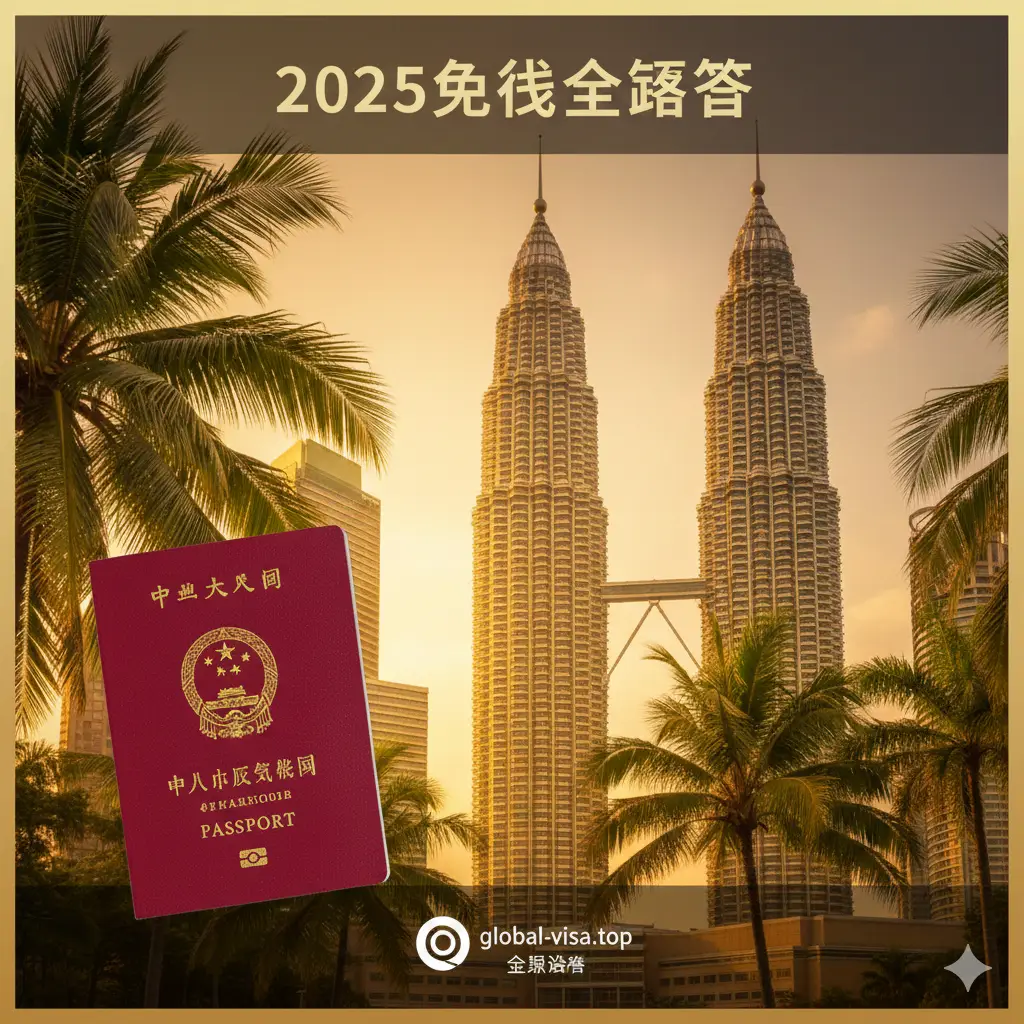 一张高质量的旅游封面图。画面左侧是一本醒目的红色中国护照，右侧是马来西亚标志性的吉隆坡双子塔（Petronas Towers）在夕阳下的壮丽景色。