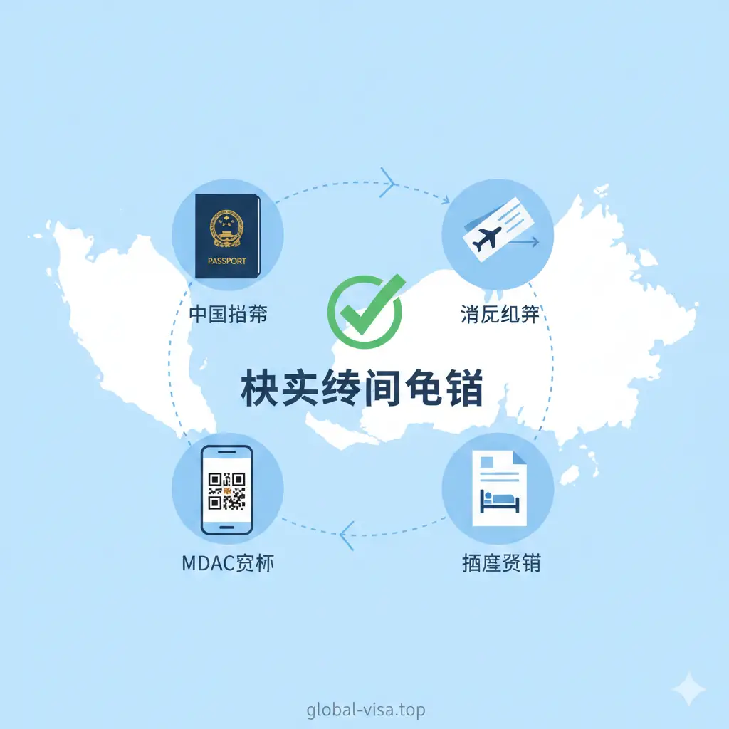 一张扁平化插画风格的功能示意图。展示入境马来西亚所需的核心要素：护照、往返机票、手机上的MDAC确认二维码。