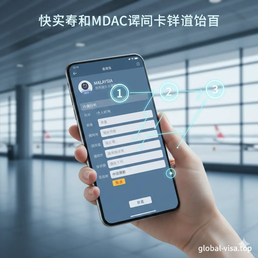 一张具有科技感的教程示意图。画面展示一只手拿着智能手机，手机屏幕上清晰地显示着马来西亚MDAC官方填写界面的模拟UI。