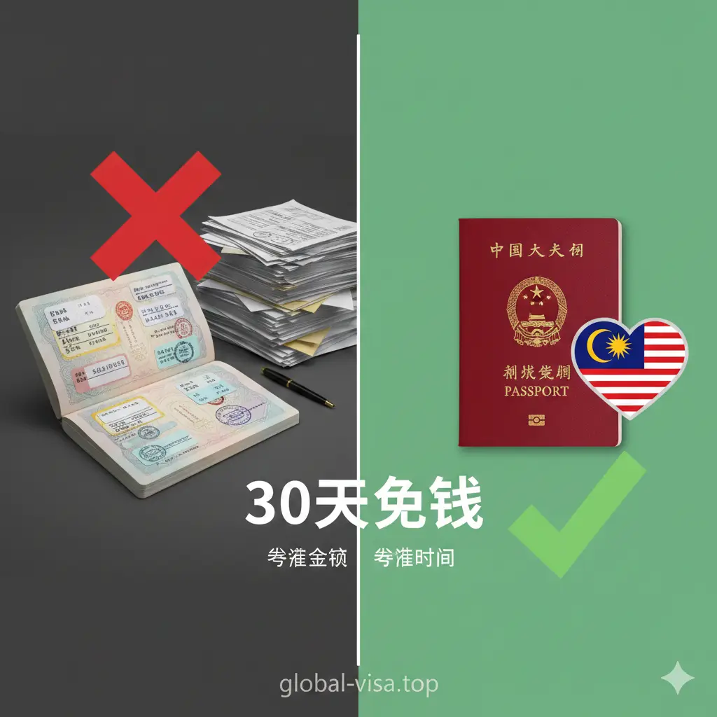 一张对比鲜明的优势展示图。左侧是传统的纸质签证和繁琐的文件堆，色调阴暗且打上红叉；右侧是简洁的中国护照和一颗心形马来西亚国旗图标。