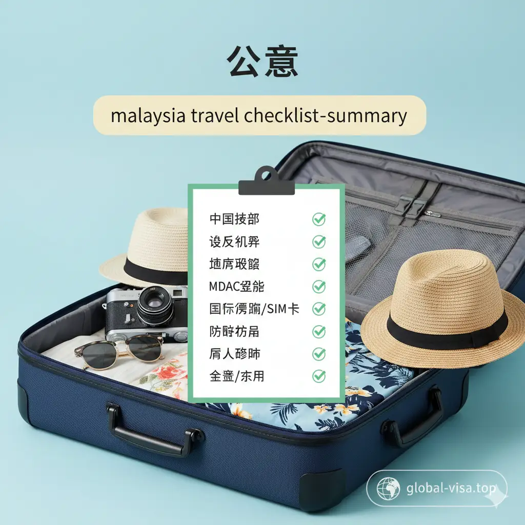 一张温馨的总结风格图片。画面中央是一张排列整齐的旅行清单（Checklist），上面勾选了护照、机票、MDAC等项目。