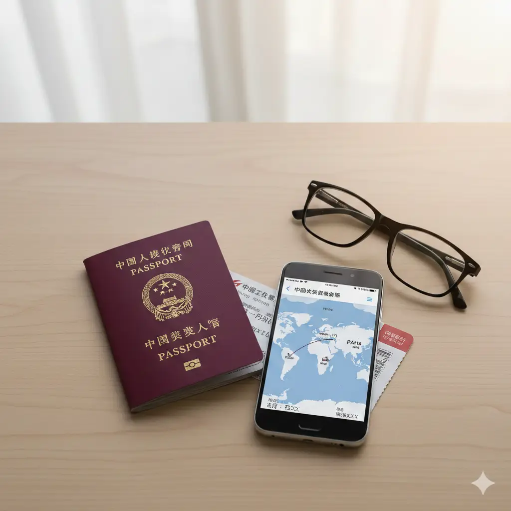 一张高质量的商务旅行风格封面图。画面中心是一本深红色的中国护照,放置在干净的现代办公桌面上,旁边点缀着一副时尚的黑框眼镜、一部显示着地图信息的智能手机和一张飞往国际目的地的机票。背景采用柔和的自然采光,整体色调温暖且专业,构图采用俯视视角,画面上方留白,方便后期叠加标题文字,彰显Global-visa.top的专业签证咨询形象。