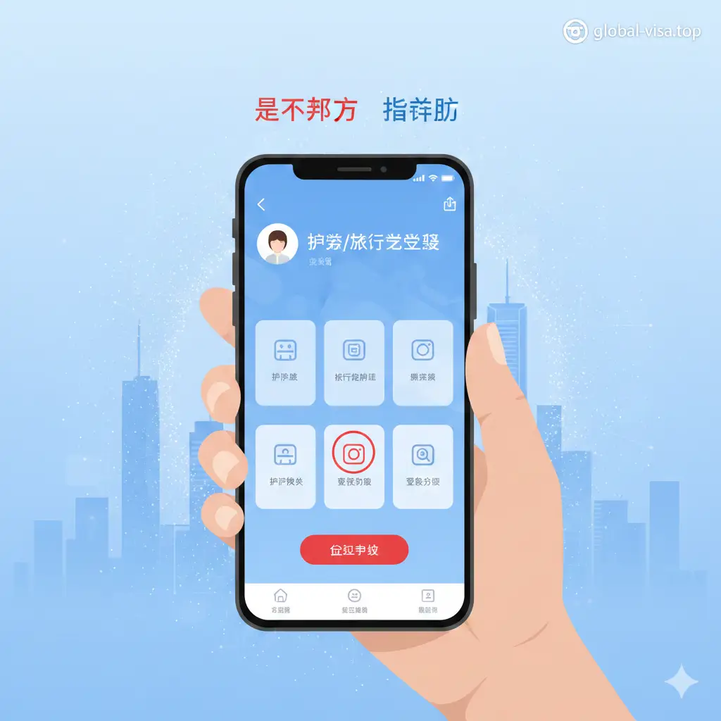 展示‘中国领事’APP数字化办理的功能特性图。画面展示一只手握持着智能手机,屏幕上清晰显示着‘护照/旅行证’业务办理界面,背景是淡蓝色的科技感渐变或模糊的城市天际线。插画风格简洁明快,使用了具有现代感的UI设计元素,强调‘足不出户’、‘指尖办’的便捷性。色彩以中国红和科技蓝为主色调,象征传统与创新的结合。